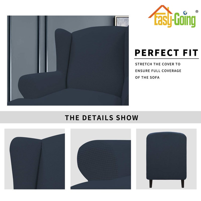 Easy-Going Stretch Wingback Chair Sofa Slipcover 1-Piece Sofa Cover Furniture Protector Couch Soft with Elastic Bottom, Spandex Jacquard Fabric Small Checks(Large,Dark Blue) - Image 4